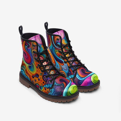 Emerald Blossoms - Colorful Waves, Abstract Design Casual Leather Lightweight Boots For Hippies