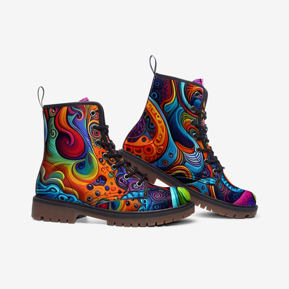 Emerald Blossoms - Colorful Waves, Abstract Design Casual Leather Lightweight Boots For Hippies