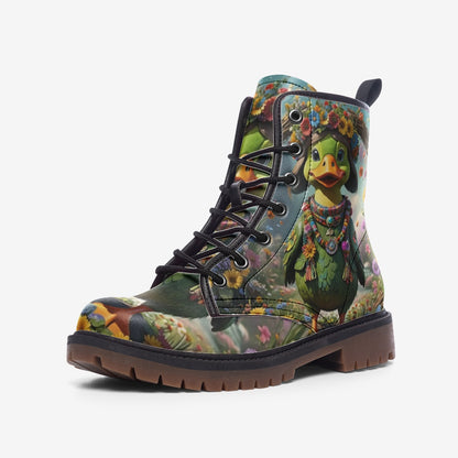 Emerald Blossoms - Green Duck In Floral Paradise Casual Leather Lightweight Boots For Hippies