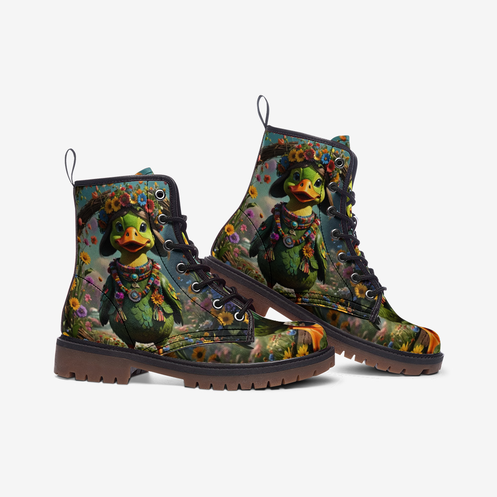 Emerald Blossoms - Green Duck In Floral Paradise Casual Leather Lightweight Boots For Hippies