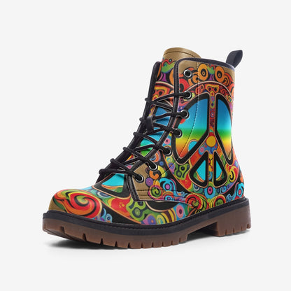 Emerald Blossoms - Colorful Peace and Love Symbol Casual Leather Lightweight Boots for Hippies