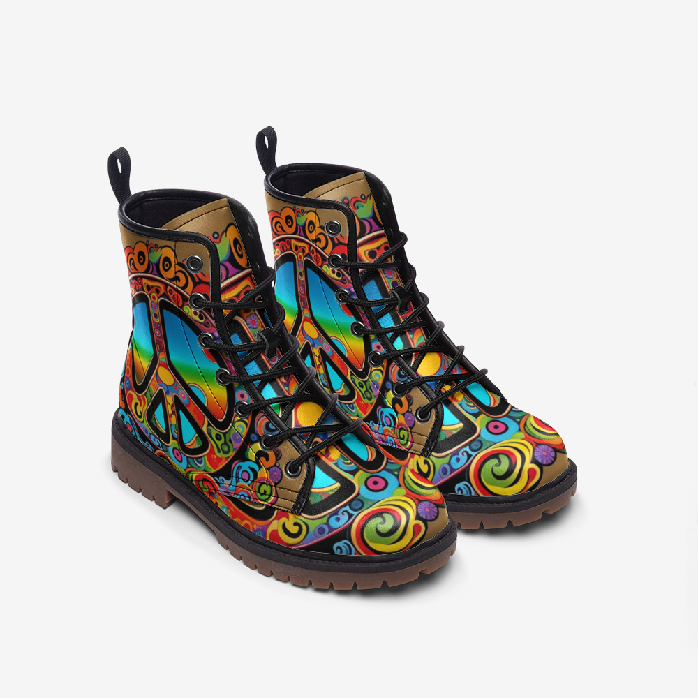 Emerald Blossoms - Colorful Peace and Love Symbol Casual Leather Lightweight Boots for Hippies