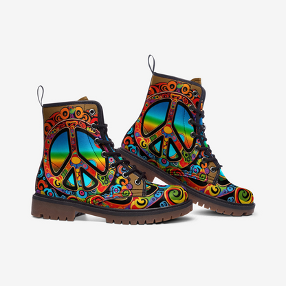 Emerald Blossoms - Colorful Peace and Love Symbol Casual Leather Lightweight Boots for Hippies