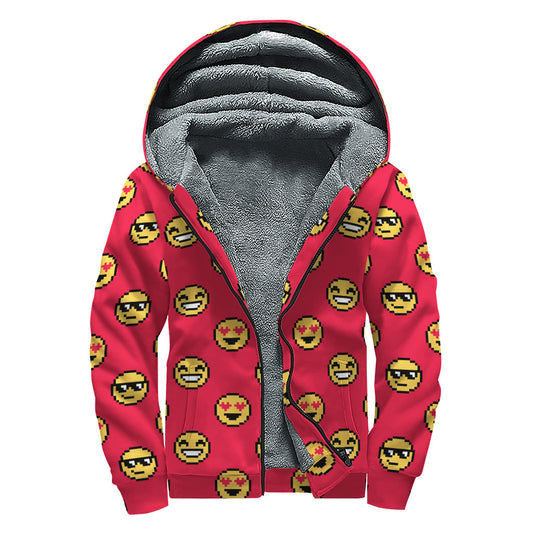 Groovy 8-Bit Emoji Pattern Sherpa Lined Zip Up Hoodie - 1