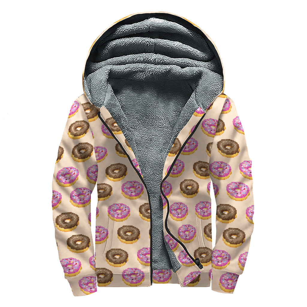 8-Bit Pixel Donut Print Hippie Sherpa Lined Zip Up Hoodie - 1