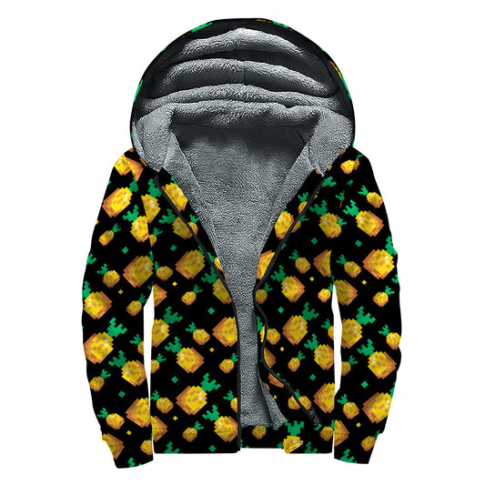 8-Bit Pixel Pineapple Print Sherpa Lined Zip Up Hoodie: Get Cozy in Hippie Style - 1