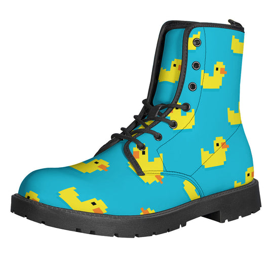 Groovy 8-Bit Rubber Duck Pattern Print Leather Boots for Hippie Souls - 1