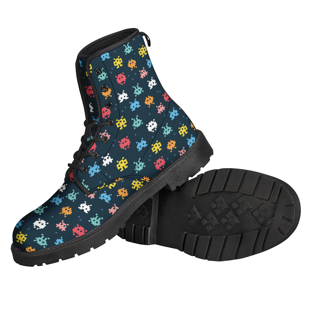 8-Bit Video Game Monsters Pattern Print Leather Boots for Funky Hippies - 2