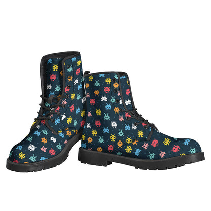 8-Bit Video Game Monsters Pattern Print Leather Boots for Funky Hippies - 3