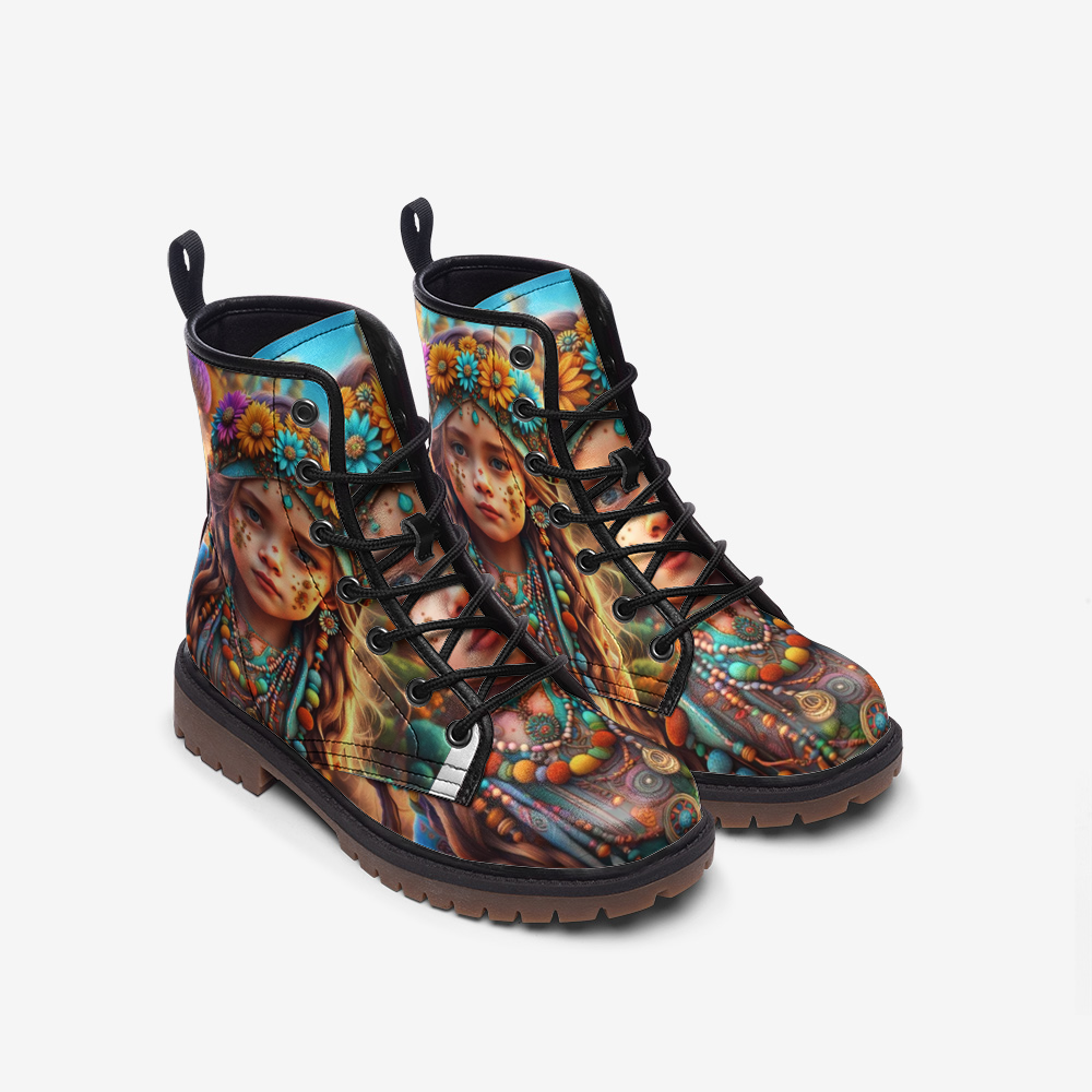 Emerald Blossoms - Flower Child, Bohemian Style, Born Hippy Casual Leather Lightweight Boots For Hippies