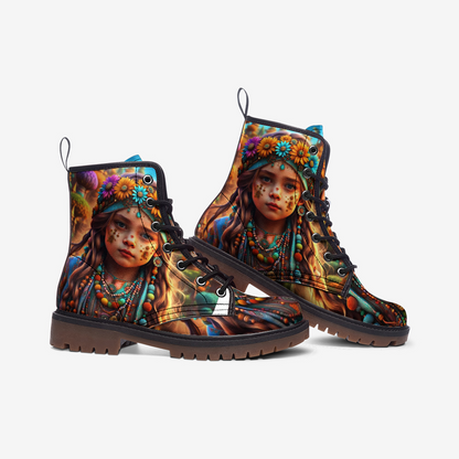 Emerald Blossoms - Flower Child, Bohemian Style, Born Hippy Casual Leather Lightweight Boots For Hippies