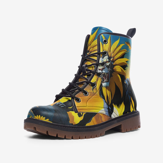 Emerald Blossoms - Dreamy Lion with Sunflower on Leather Lightweight Boots for Hippies