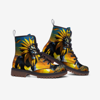 Emerald Blossoms - Dreamy Lion with Sunflower on Leather Lightweight Boots for Hippies