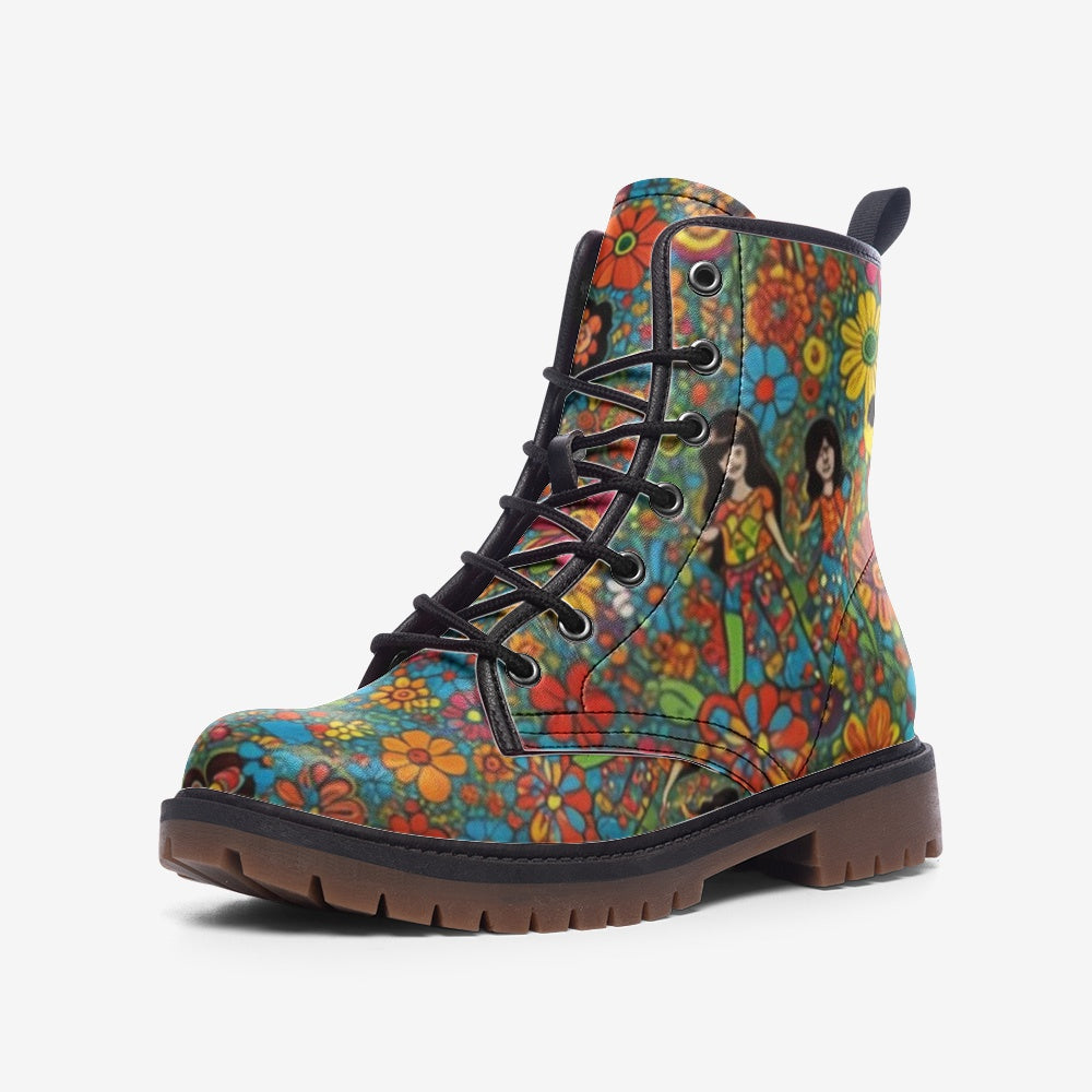 Emerald Blossoms - Flower Child, Tiny Flowers Drawing Casual Leather Lightweight Boots for Hippies