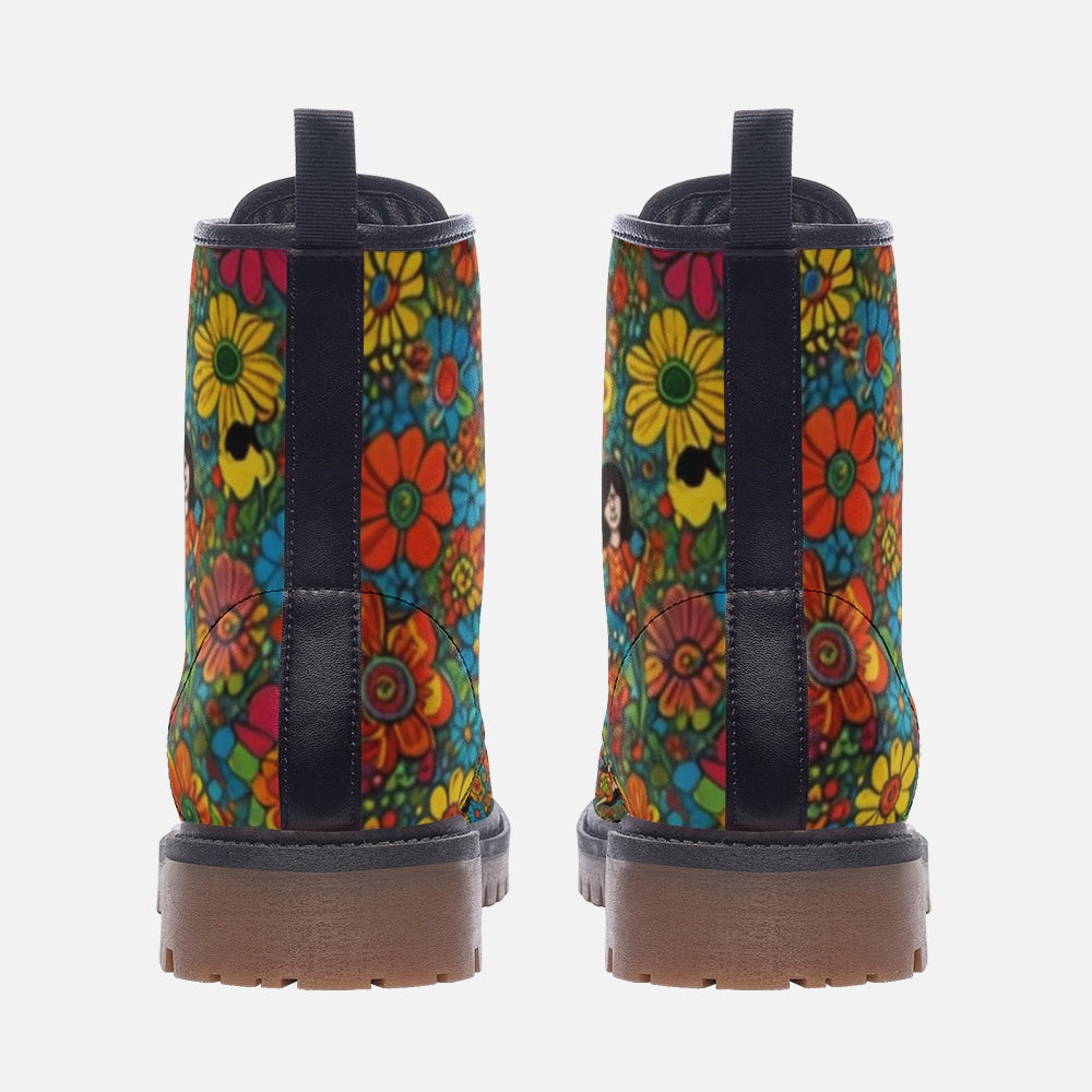 Emerald Blossoms - Flower Child, Tiny Flowers Drawing Casual Leather Lightweight Boots for Hippies