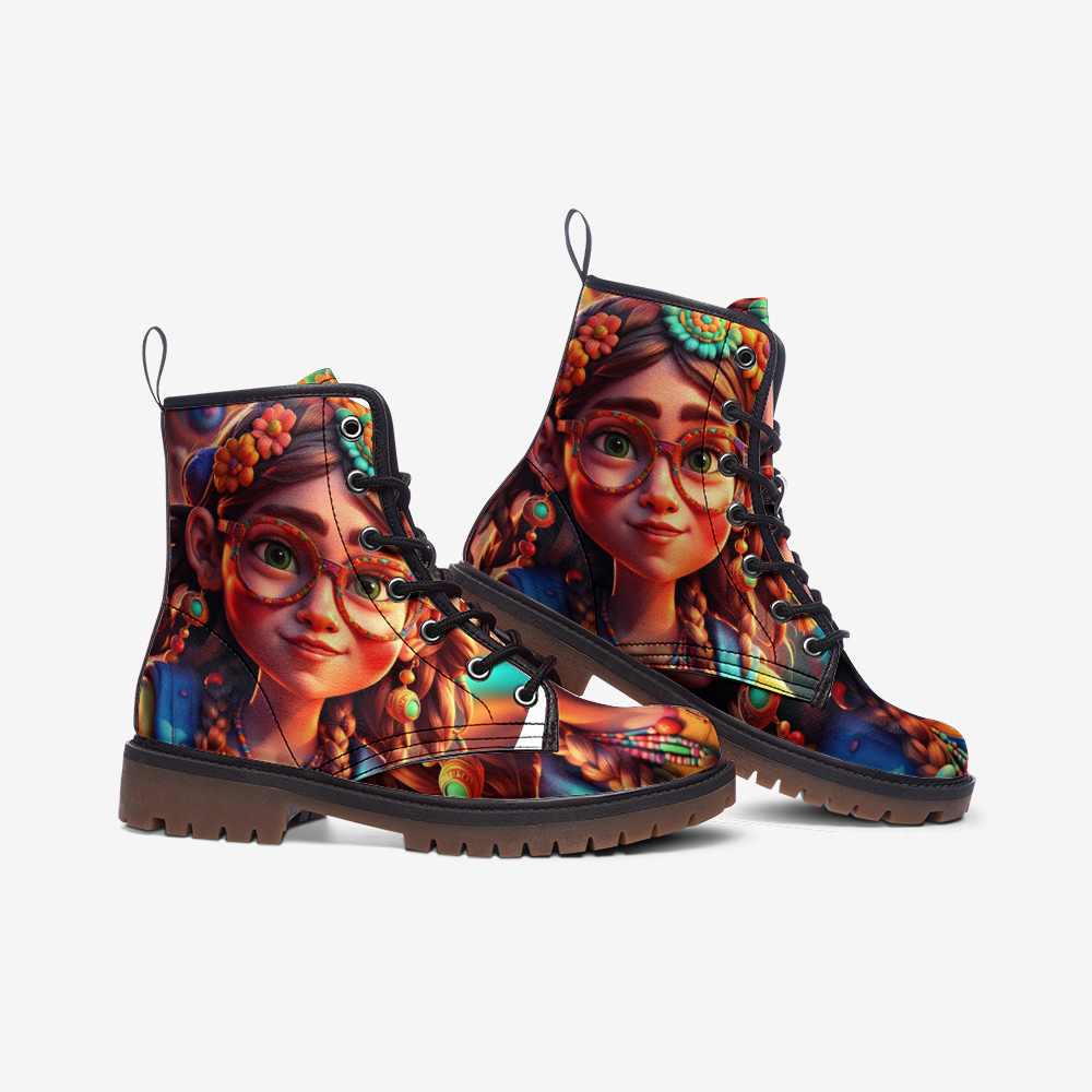 Emerald Blossoms - Lovely Bohemian Female, Cute Animation Girl Casual Leather Lightweight Boots For Hippies