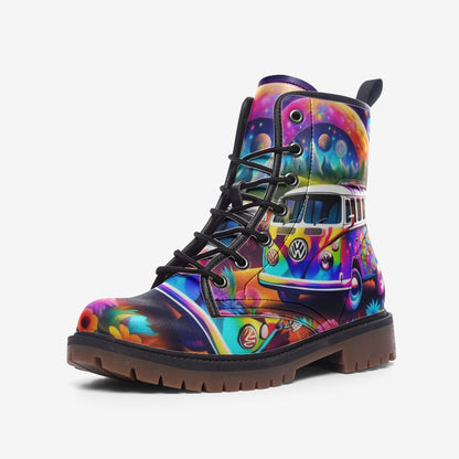 Emerald Blossoms - Rainbow Color Hippie Van Casual Leather Lightweight Boots For Hippies