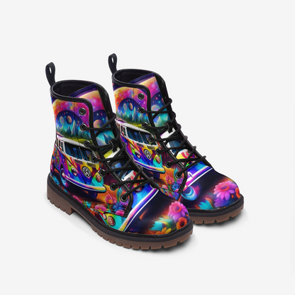 Emerald Blossoms - Rainbow Color Hippie Van Casual Leather Lightweight Boots For Hippies