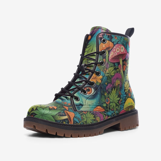 Emerald Blossoms - Spotted Mushroom, Vibrant Forest, Cottage Core Leather Lightweight Boots for Hippies