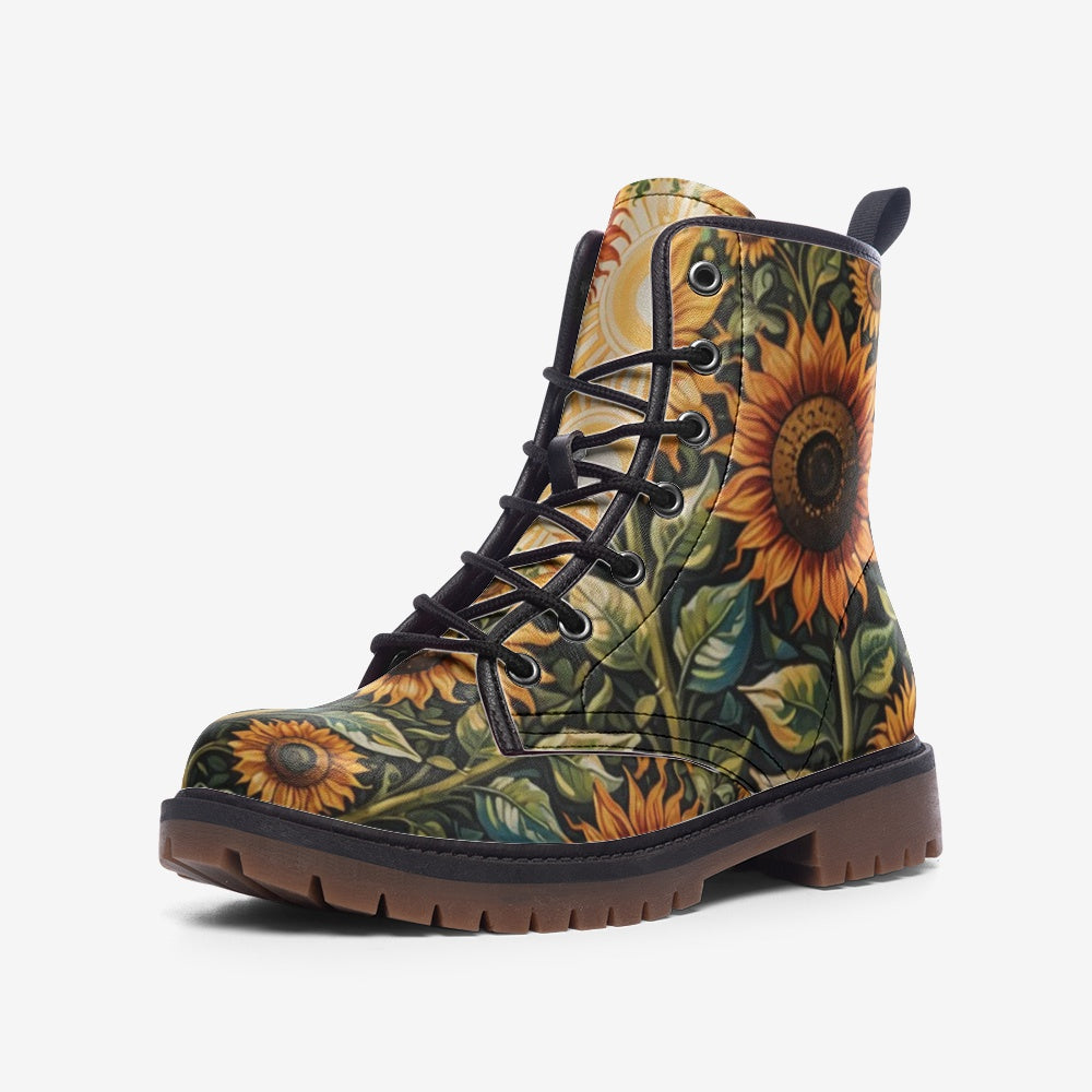 Emerald Blossoms - Sunflower Forest on Leather Lightweight Boots for Hippies