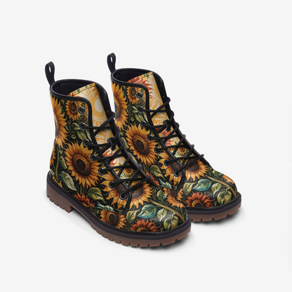 Emerald Blossoms - Sunflower Forest on Leather Lightweight Boots for Hippies