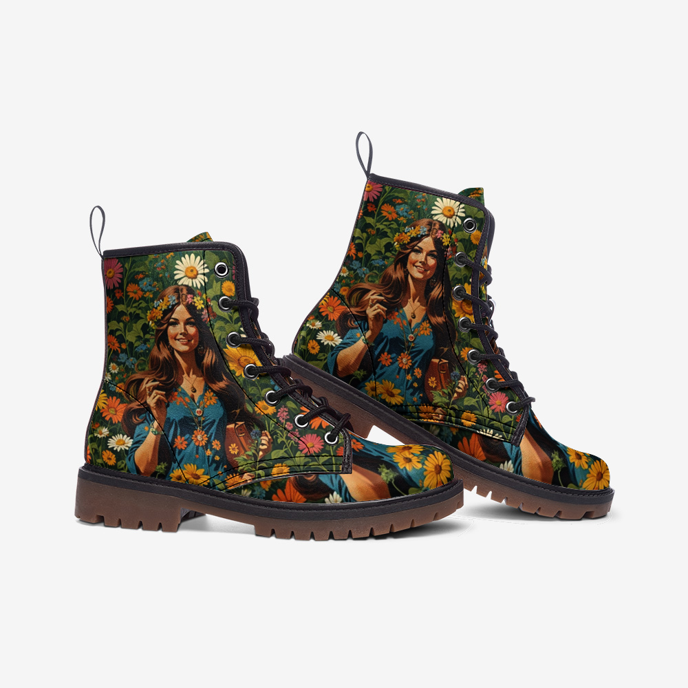 Emerald Blossoms - Bohemian Girl with Flowers Casual Leather Lightweight Boots for Hippies