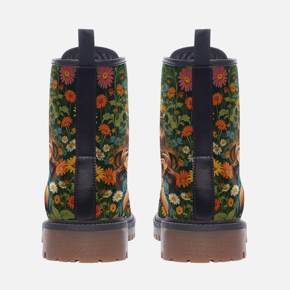 Emerald Blossoms - Bohemian Girl with Flowers Casual Leather Lightweight Boots for Hippies