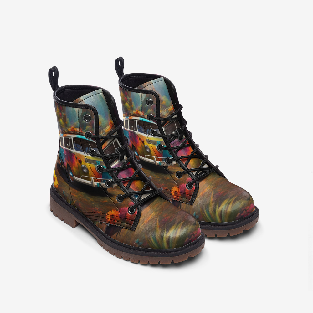 Emerald Blossoms - Vintage Van Print on Casual Leather Lightweight Boots for Hippies