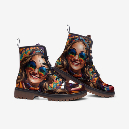 Emerald Blossoms - Bright Smile For A New Day, Smiling Face Casual Leather Lightweight Boots For Hippies