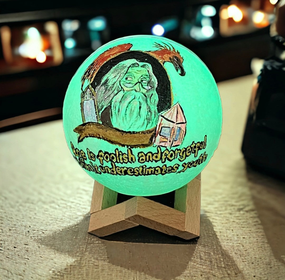 Emerald Blossoms - &quot;Age is foolish and forgetful when it underestimates youth.&quot; hand painted on moon lamp
