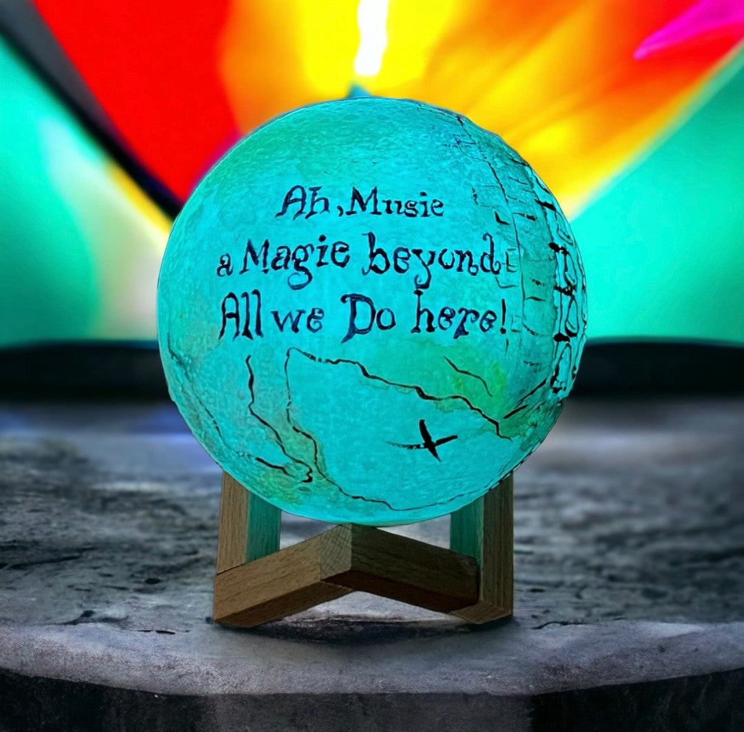 Emerald Blossoms - &quot;Ah, music. A magic beyond all we do here.&quot; hand painted on moon lamp