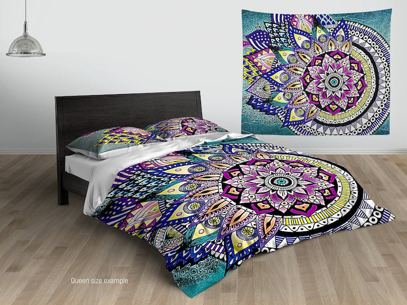 Emerald Blossoms - Asymmetric Mandala Duvet Cover, Hippie Bedding, Bedding Set For Hippies