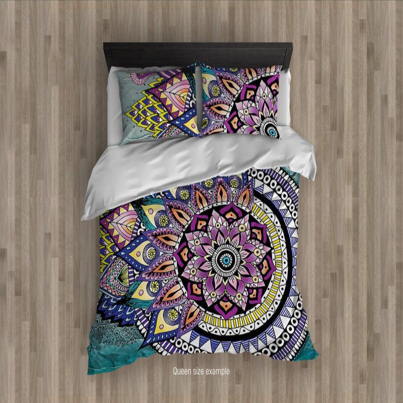 Emerald Blossoms - Asymmetric Mandala Duvet Cover, Hippie Bedding, Bedding Set For Hippies