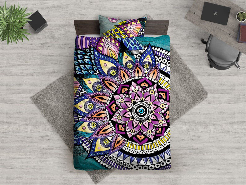 Emerald Blossoms - Asymmetric Mandala Duvet Cover, Hippie Bedding, Bedding Set For Hippies