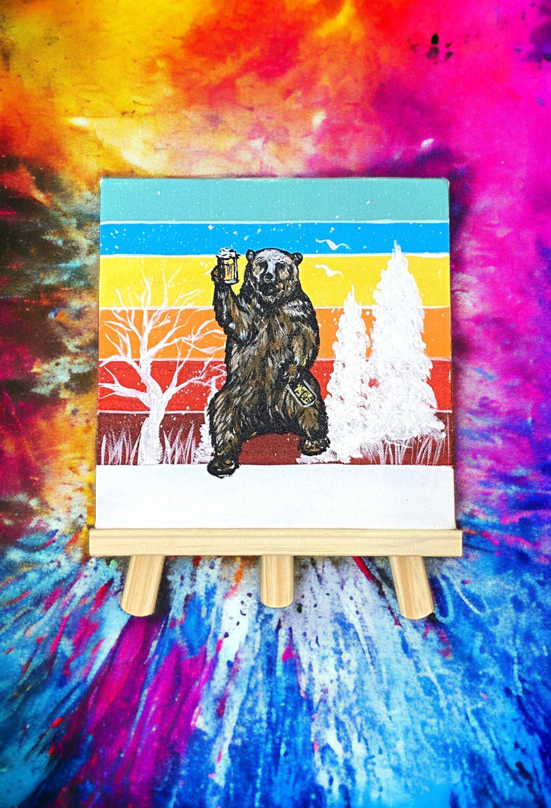 Emerald Blossoms - A hand painted canvas &quot;Beer Bear Camping under the Moonlight&quot;
