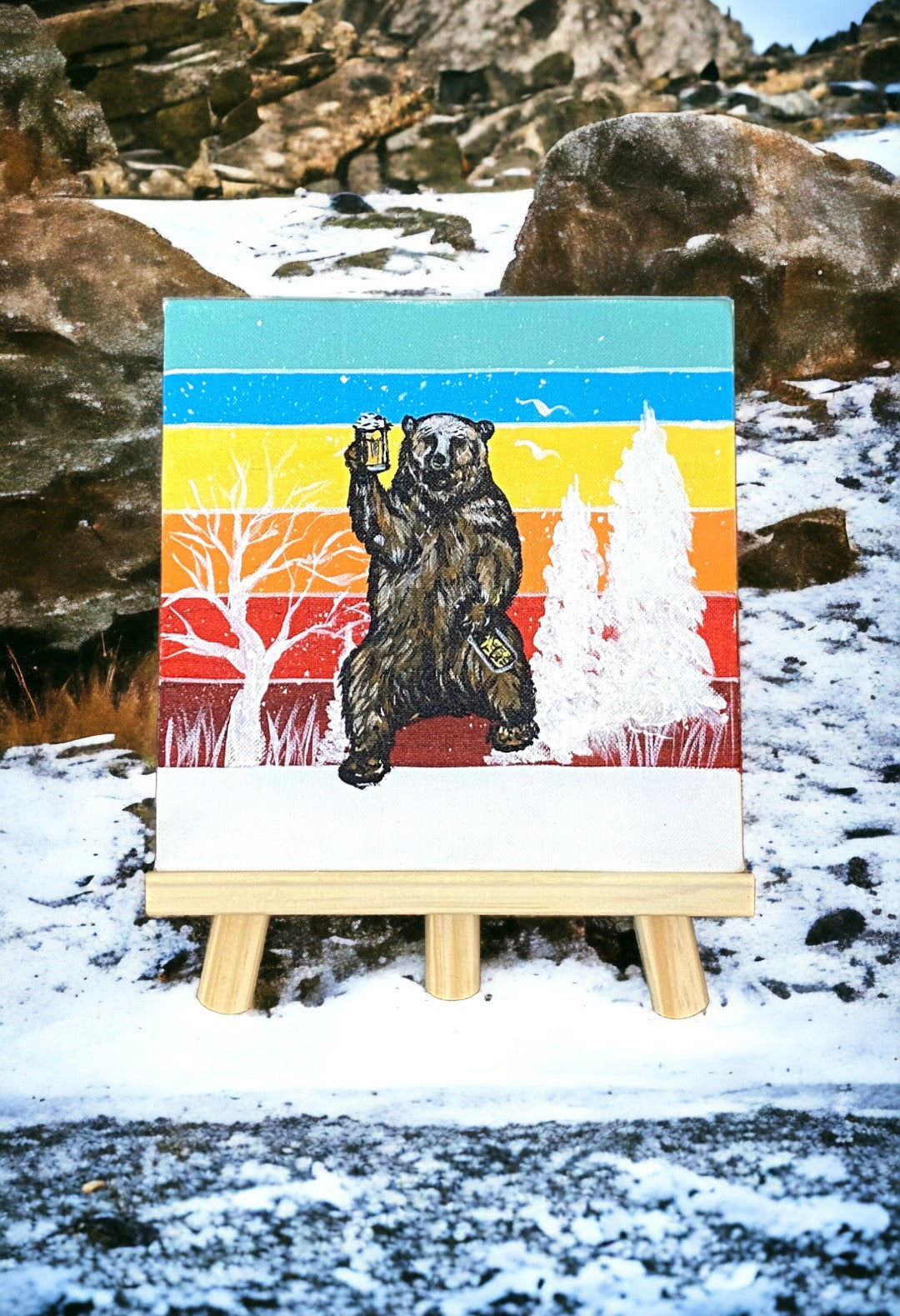 Emerald Blossoms - A hand painted canvas &quot;Beer Bear Camping under the Moonlight&quot;