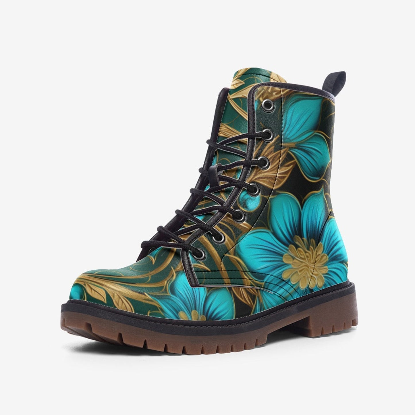 Emerald Blossoms - Big Turquoise Flower Leather Lightweight Boots For Hippies