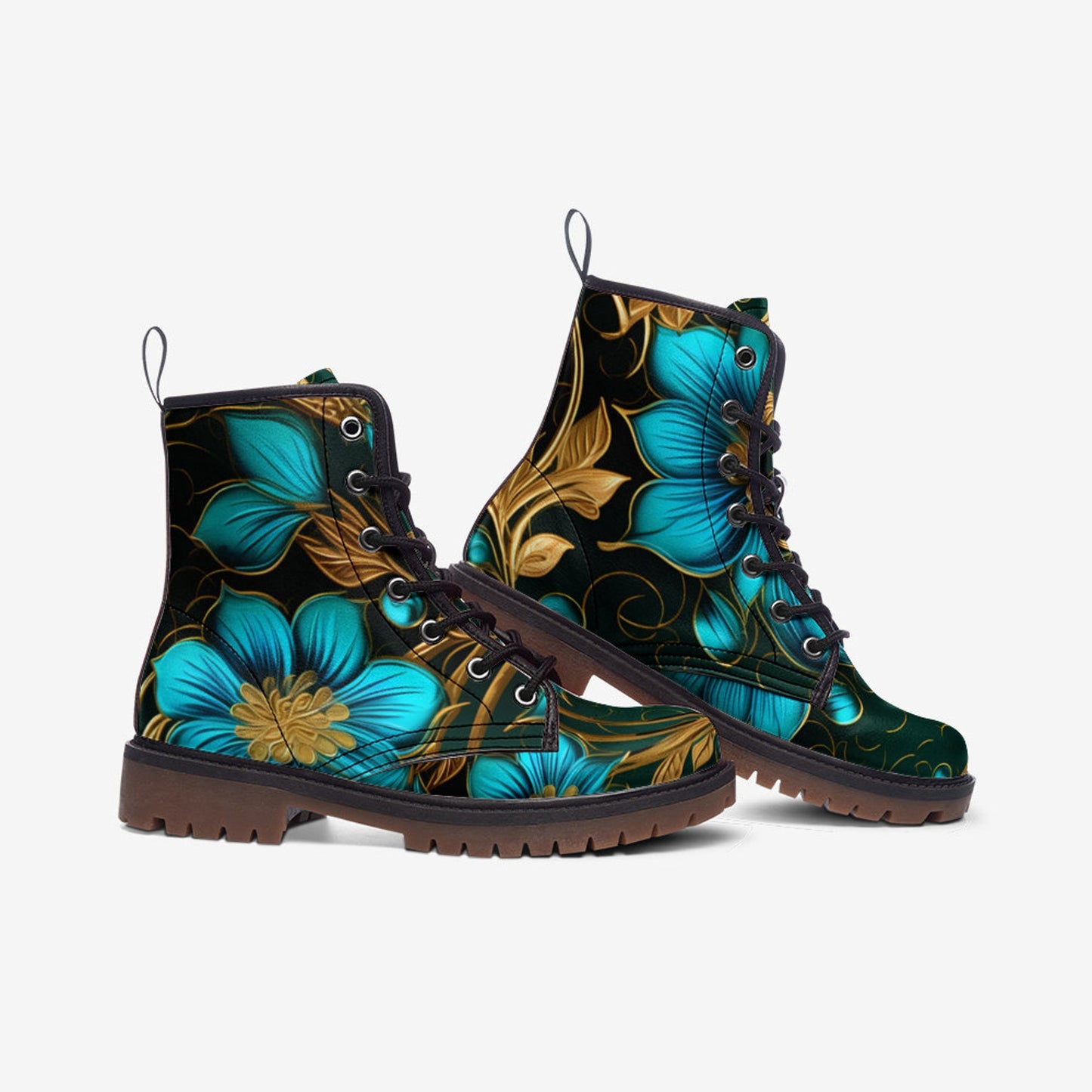 Emerald Blossoms - Big Turquoise Flower Leather Lightweight Boots For Hippies