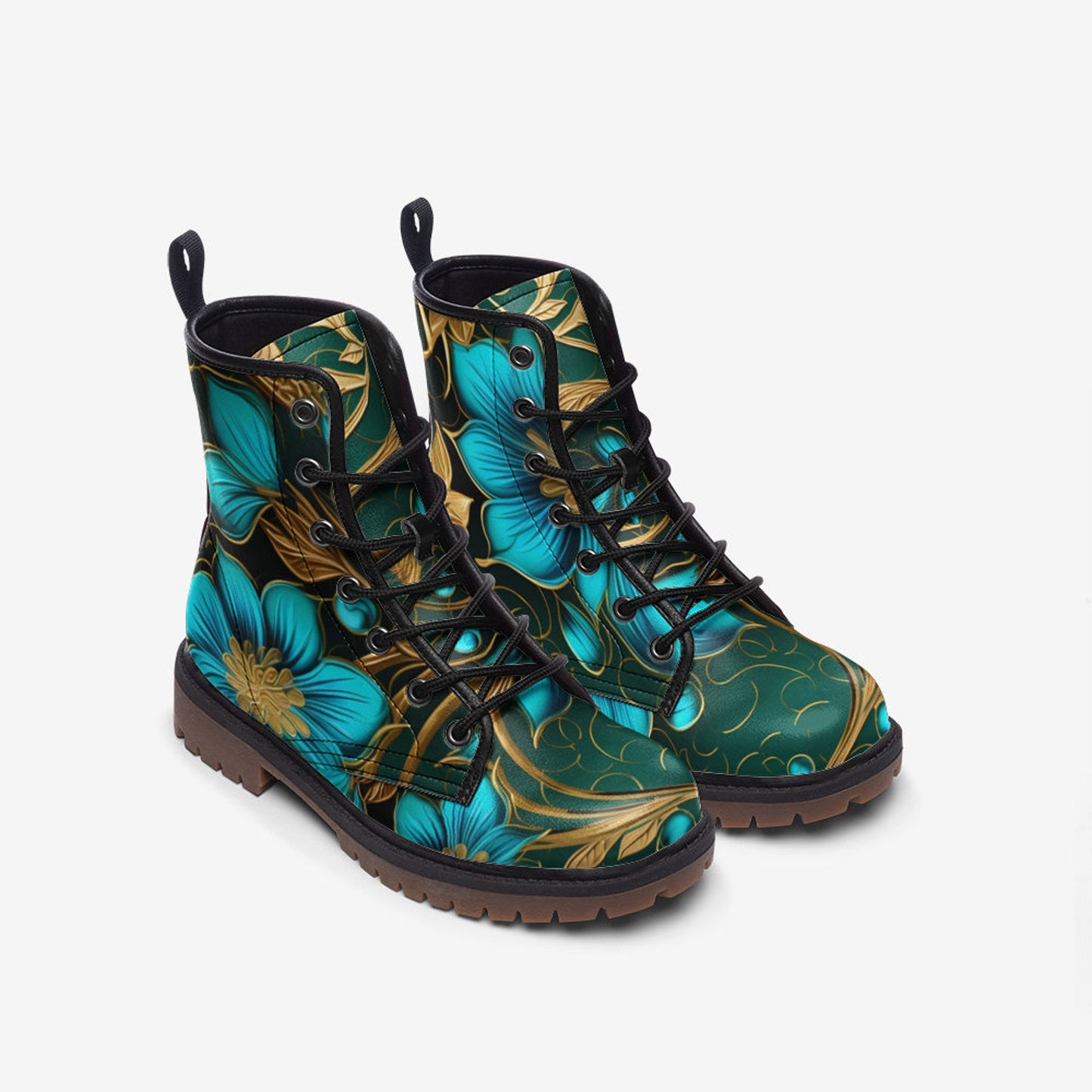 Emerald Blossoms - Big Turquoise Flower Leather Lightweight Boots For Hippies