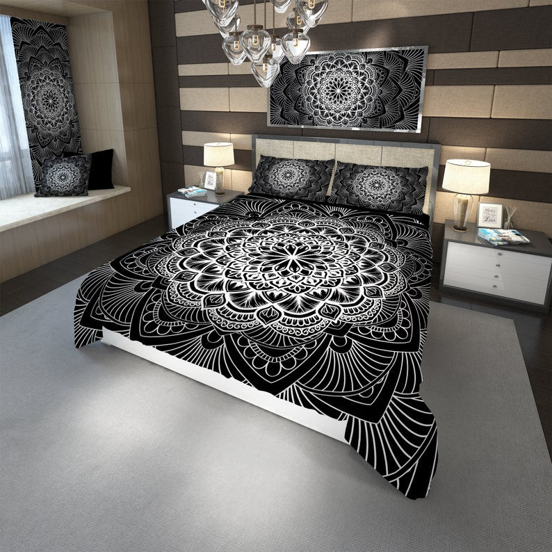 Emerald Blossoms - Black And White Mandala Bedding Set For Hippies