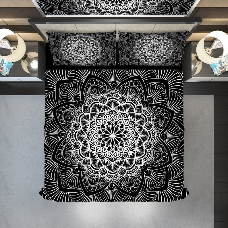 Emerald Blossoms - Black And White Mandala Bedding Set For Hippies