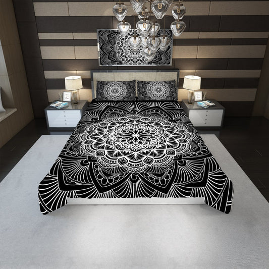 Emerald Blossoms - Black And White Mandala Bedding Set For Hippies