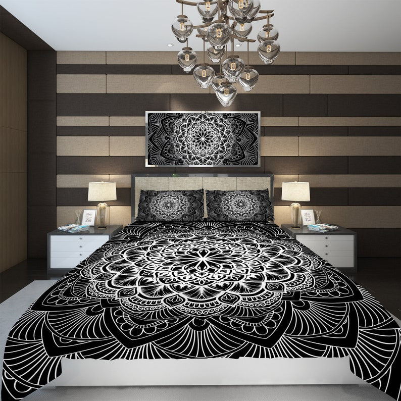 Emerald Blossoms - Black And White Mandala Bedding Set For Hippies