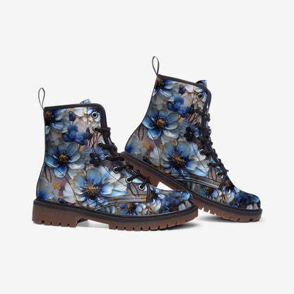 Emerald Blossoms - Blue Floral Casual Faux Leather Lightweight Boots Streetwear Boots Combat Boots For Hippies