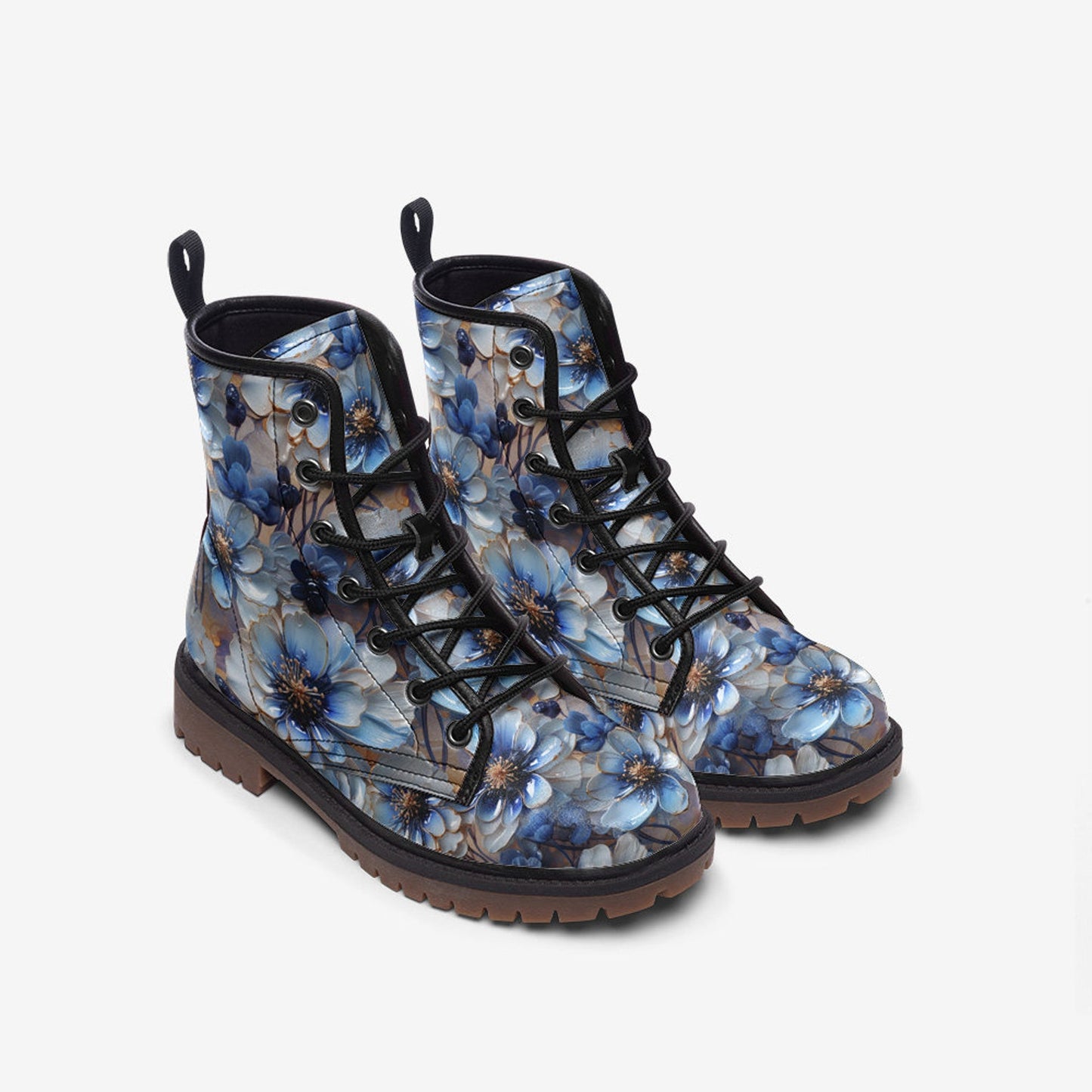 Emerald Blossoms - Blue Floral Casual Faux Leather Lightweight Boots Streetwear Boots Combat Boots For Hippies