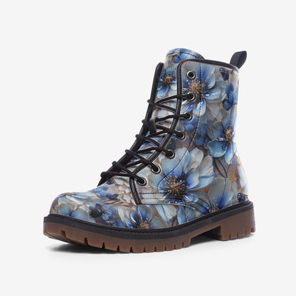 Emerald Blossoms - Blue Floral Casual Faux Leather Lightweight Boots Streetwear Boots Combat Boots For Hippies