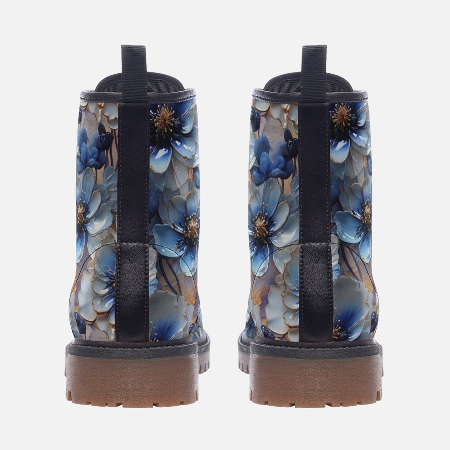 Emerald Blossoms - Blue Floral Casual Faux Leather Lightweight Boots Streetwear Boots Combat Boots For Hippies