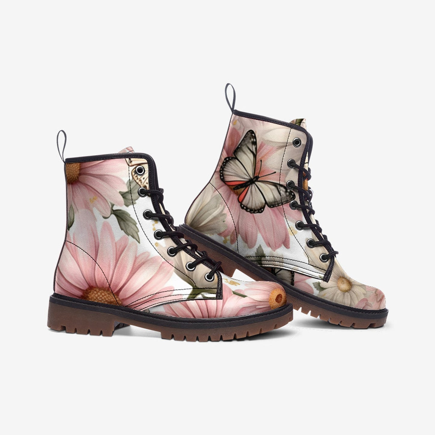 Emerald Blossoms - Butterfly Flowers Vegan Leather Combat Boots For Hippies