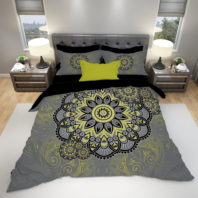 Emerald Blossoms - Chartreuse Mandala Bedding Set For Hippies