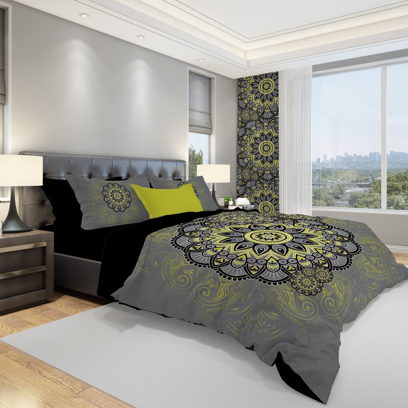 Emerald Blossoms - Chartreuse Mandala Bedding Set For Hippies